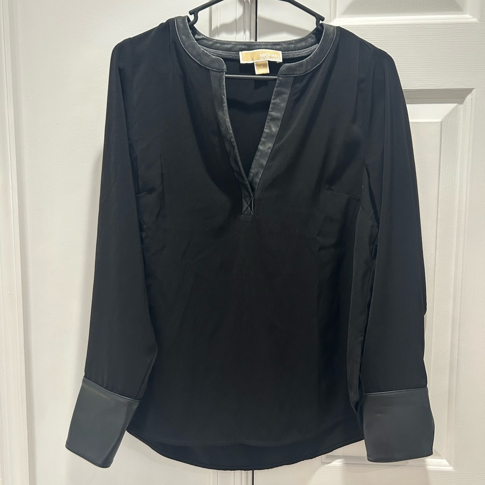 Michael Kors Black Long-Sleeve Blouse with leather Trim